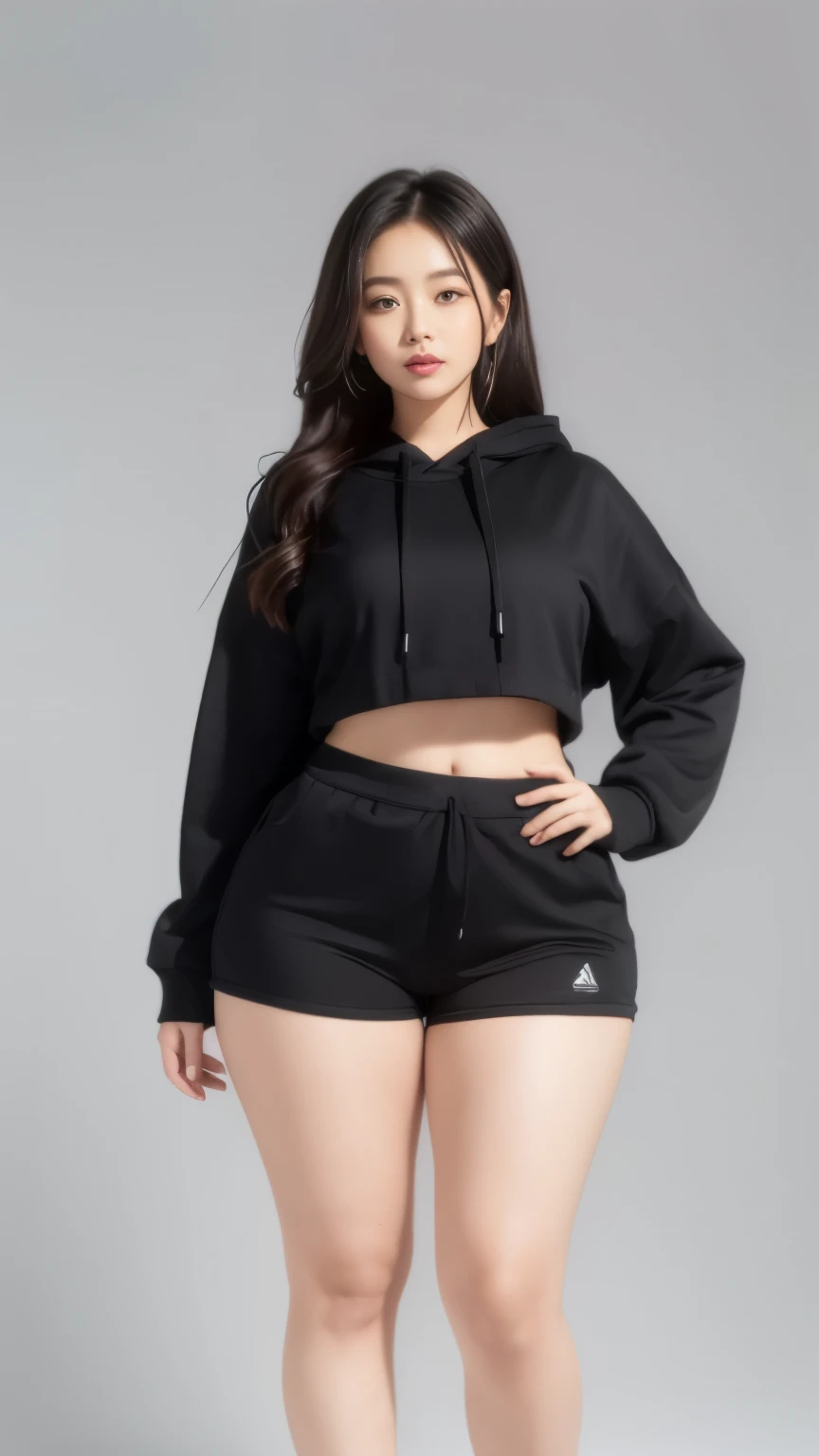 a close up of a woman in a black hoodie and shorts, exposed thighs!!!, thicc, large thighs, full body picture, thick thighs, middle body shot, exposed thighs, wearing tight simple clothes, fit pic, bare thighs!!!, good hips and long legs, wide hips, outfit photo, full body shot 4k, round thighs, full body pictures