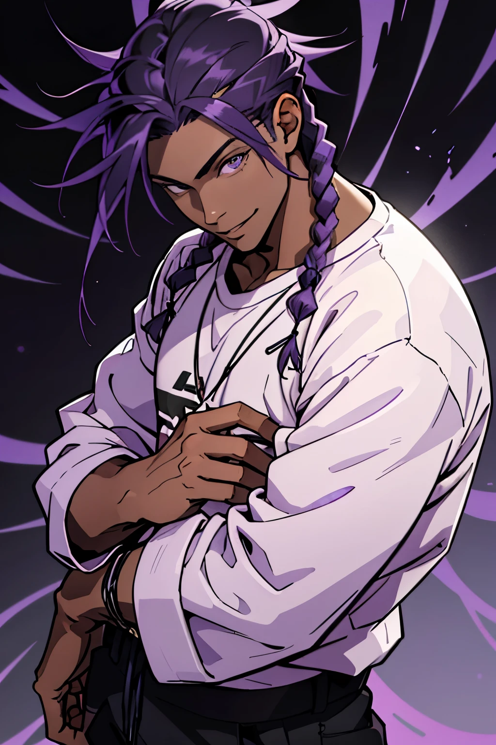 black young man, black and purple hair with two braids, olhos purpura, camiseta branca, black pants, sorriso arrogante, hunter's eyes, face calma, 