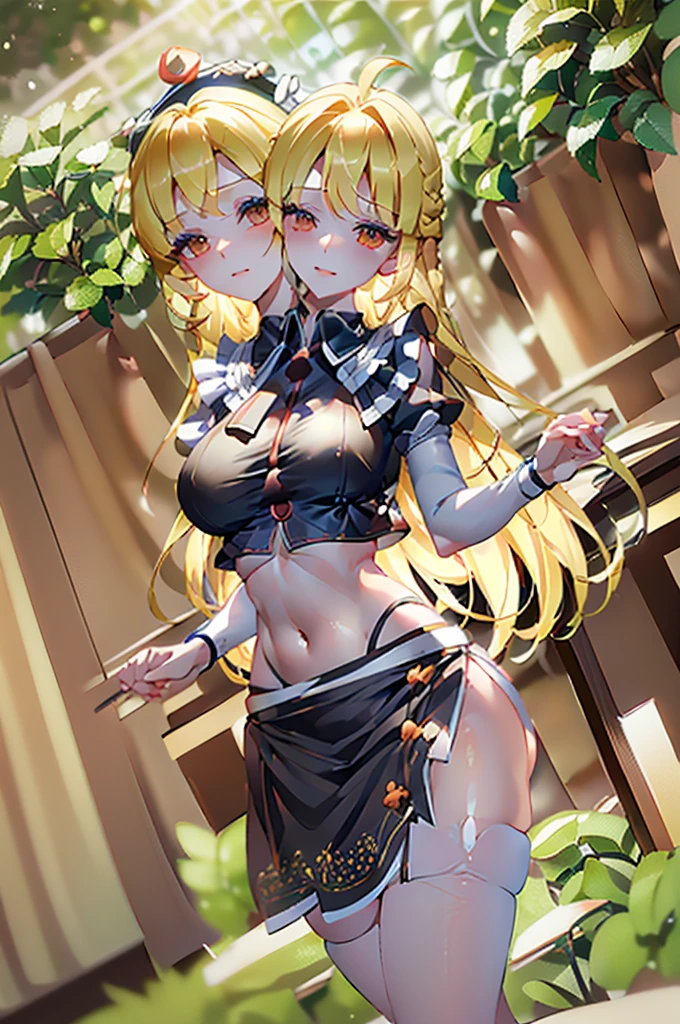 (masterpiece, best quality),best quality, (ultra-detailed), (4heads:1.5), 1girl, (lunasa prismriver:1.3), masterpiece, best quality, white top, crop top, ((stomach)), midriff, ((groin)), black skirt, normal ears, shackles, blonde hair, very long hair, wavy hair, sidelocks, yellow eyes, parted lips, single horn, sweat, cute, toned belly, hand on own chest, eyelashes, (24 year old woman:1.3), (masterpiece:1.4), (best quality:1.4), (beautiful detailed extremely detailed CG, extremely delicate and beautiful, depth of field, (finely detailed face), (perfect details:1.1), (mature female:1.3), wide pelvis, slender, large veiny breast, 8k resolution, high quality, high definition, extremely detailed, masterpiece, best quality, blonde hair, long hair, alluring presence, braid, short skirt, close up, big tits, young, hair ornament, holding instrument, frills, hat ornament,