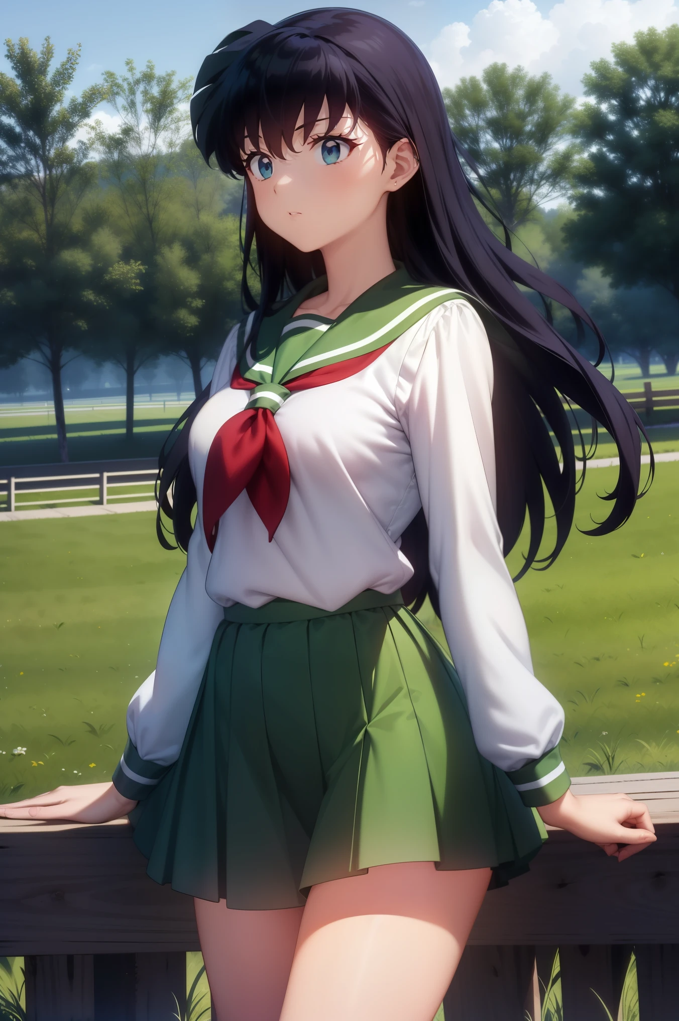 (Masterpiece: 1.6, Best Quality), (Fine Beautiful Eyes: 1.2), (best quality, masterpiece, highres), kagome higurashi, 1girl, solo, green school uniform, soft thighs , long sleeves, white socks, scenery , Best Quality, ((anime)) ((Colored)) HD, ,Standing, Green skirt, Red scarf, long  hair, Black hair between the eyes, Thighs are soft, school background