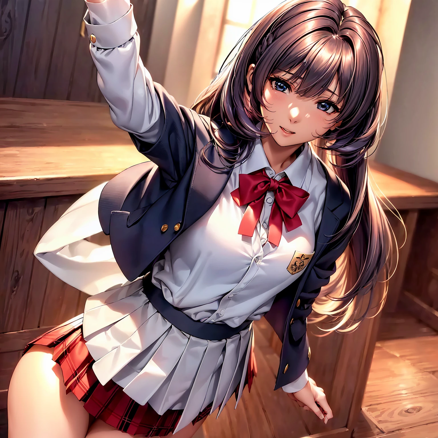 (highest quality、masterpiece、very high resolution、ultra high resolution.high quality details)、(A woman of perfect and ultimate beauty:18-year-old,bright smile,beautiful body、beautiful face)、(There are many variations of hairstyles,Bangs are neatly arranged,Long straight side hair,beautiful hair quality),(Beautiful breasts with a slender body shape:F cup,Beautiful hair texture,beautiful skin texture,Lifelike textures,Beautiful colors),(日本女子高等Schoolの制服:white blouse,ribbon,cardigan,blazer,plaid pleated skirt,high school girl,JK:1.2),(School,sight,mouth open 1.2),(whole body,Thighs are visible,accurate anatomy、highly detailed images、accurate image、Perfect Image 1.5)、beautiful anime woman, beautiful art style, anime character、(Overall image、Image without defects、natural soft light、beautiful images),(best shot,Raw photo 1.2)