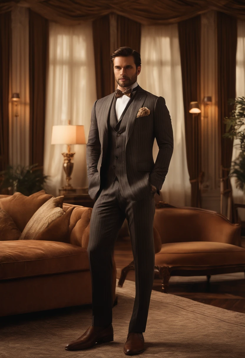 character standing with arm straight, dark hair (neck length hair tied in a ponytail), nice pose, handsome man, pretty face, royal elegant pose, business man, (in a striped blazer), (The surrounding environment is a luxurious and classic living room) (sand tone image)
