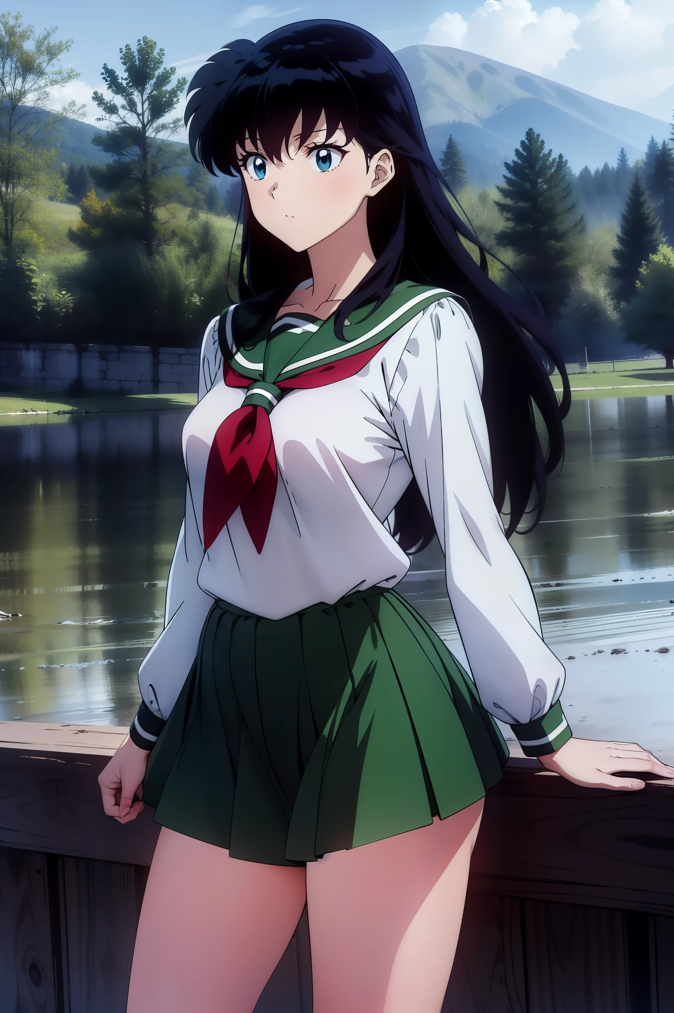 (Masterpiece: 1.6, Best Quality), (Fine Beautiful Eyes: 1.2), (best quality, masterpiece, highres), kagome higurashi, 1girl, solo, green school uniform, soft thighs , long sleeves, white socks, scenery , Best Quality, ((anime)) ((Colored)) HD, ,Standing, Green skirt, Red scarf, long  hair, Black hair between the eyes, Thighs are soft, school background