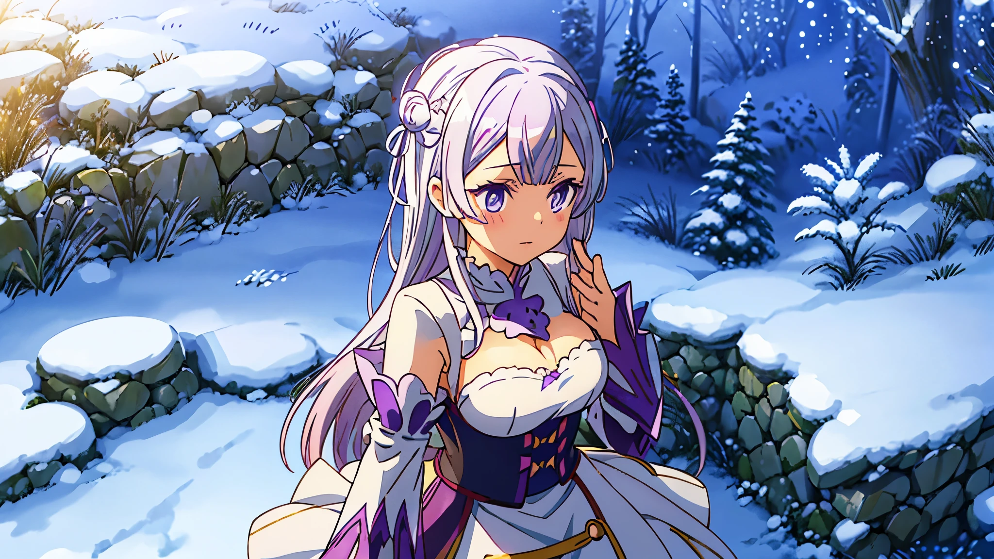 Emilia Re:Zero из аниме kara Hajimeru Isekai Seikatsu,White hair, Purple eyes, white clothes with purple lines, uses magic, magical fire in hands, winter, winter forest background.