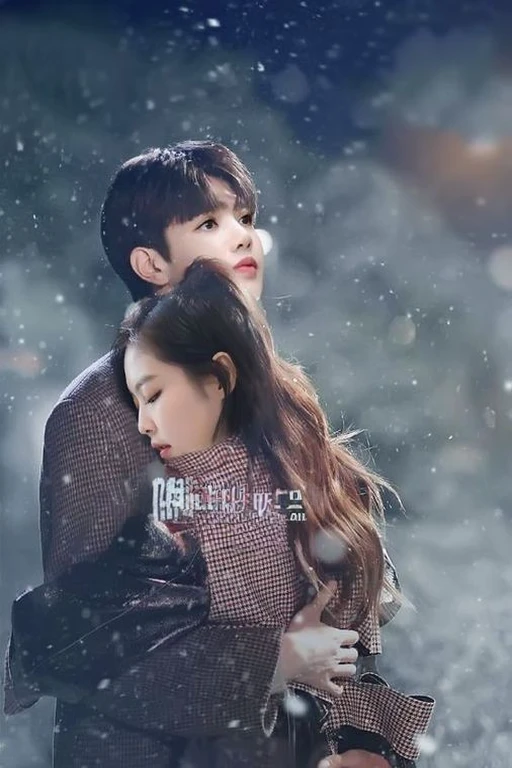 Man and woman hugging in the snow with the city in the background, lovely couple, romantic lead, 8K video stills, ❤🔥🍄🌪, inspired by Zhang Han, 4K), 4 thousand ), movie still 8 k, snowfall, Songs inspired by Kim Myung-kook, Doyoung Kim, by Kim Hwan-gi, Accurate depiction