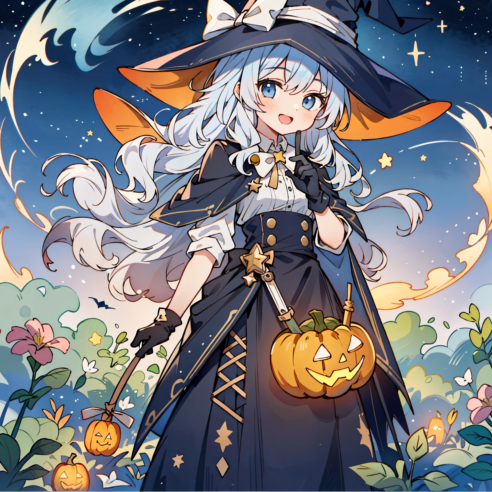 ((masterpiece:1.2, best quality)), 1girl, solo, (witch hat), a close up of a girl with curly hair, dress, aurora, night, star (sky), gloves, sky, dress, night sky, open mouth, starry sky, light blue eyes, ribbons, smile, cape, colorful hair, magic, casting spell, night, (impressionism:1.4), alphonse mucha, Halloween colors, colorful candy, magical lights, pumpkins, candies