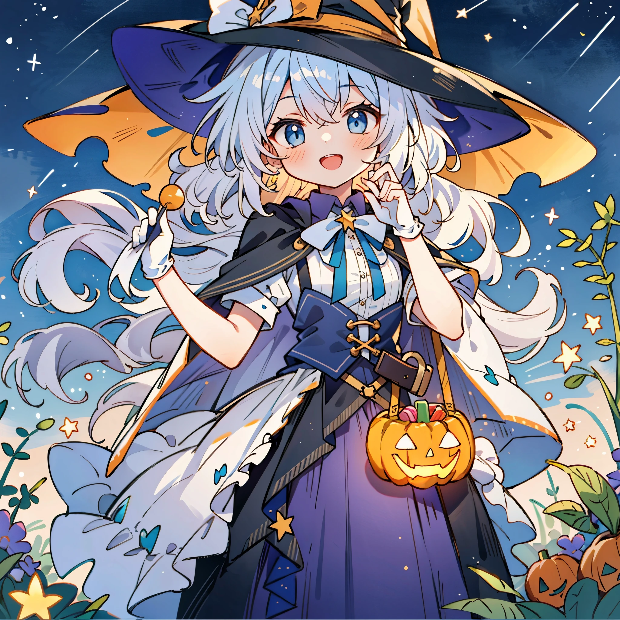 ((masterpiece:1.2, best quality)), 1girl, solo, (witch hat), a close up of a girl with curly hair, dress, aurora, night, star (sky), gloves, sky, dress, night sky, open mouth, starry sky, light blue eyes, ribbons, smile, cape, colorful hair, magic, casting spell, night, (impressionism:1.4), alphonse mucha, Halloween colors, colorful candy, magical lights, pumpkins, candies