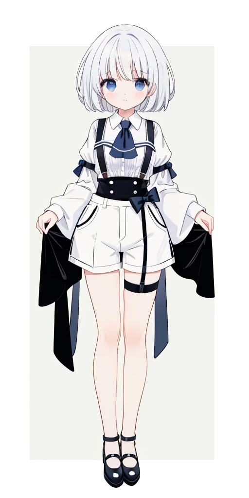 ((masterpiece、top-quality)), 1girl in, ((full body Esbian、Standing picture)), cute young woman, Colored hair, white shirt, shortpants, Black garter belt、(white backgrounid)