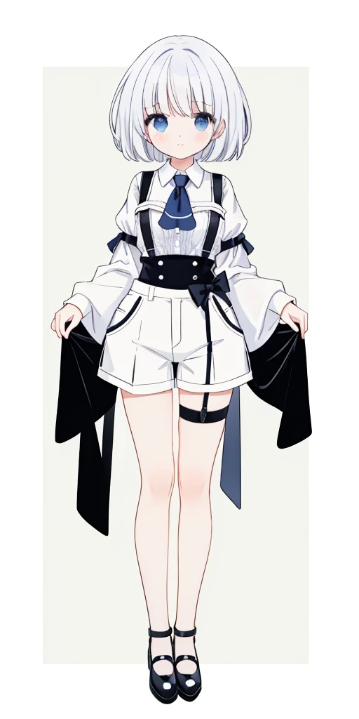 ((masterpiece、top-quality)), 1girl in, ((full body Esbian、Standing picture)), cute young woman, Colored hair, white shirt, shortpants, Black garter belt、(white backgrounid)