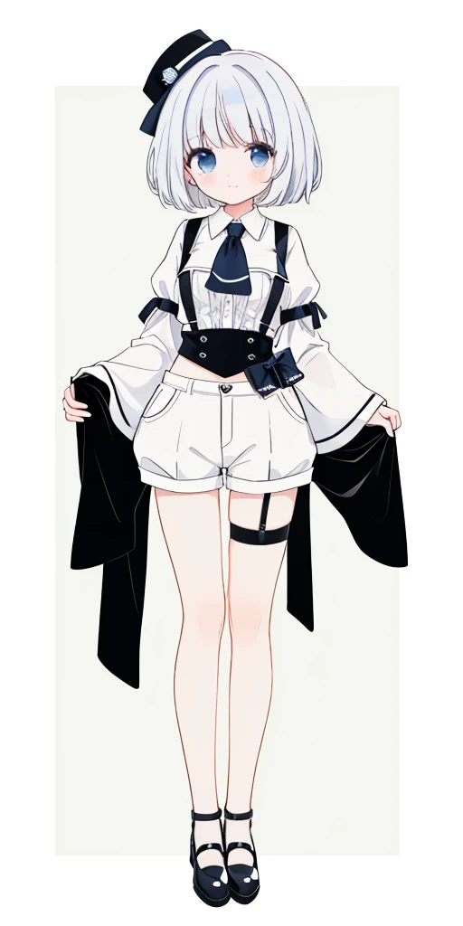 ((​masterpiece、top-quality)), 1girl in, ((full body Esbian、Standing picture)), cute young woman, Colored hair, white  shirt, shortpants, Black garter belt、(white backgrounid)