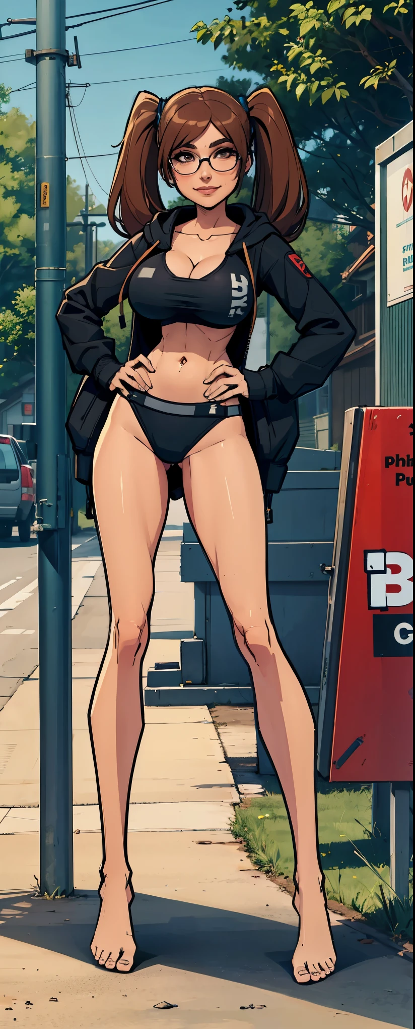 1 woman, Light brown twintail hair , sly face , smile , black bikini , Round glasses , blue hoodie , abdomen, big breasts, Long legs , stand on your hips... , Barefoot , full body , bus stop