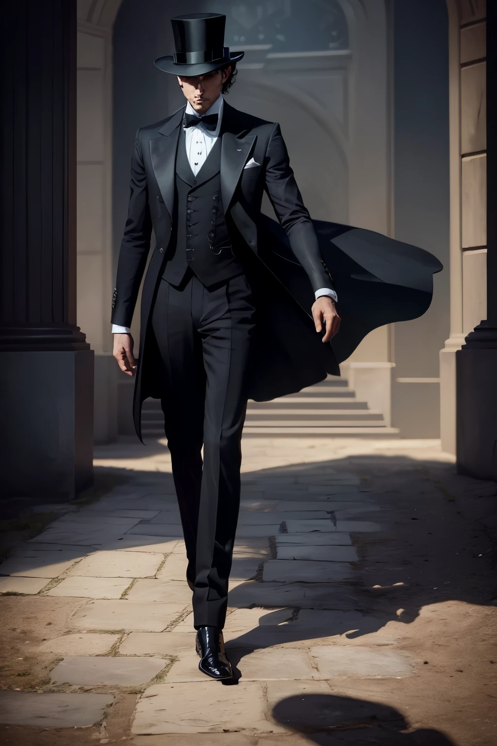 Man in Mysterious Suit and Top Hat --s2
A man dressed in a sleek, black suit and a worn, antique top hat stands before an enigmatic backdrop, shrouded in soft shadows that dance upon the ground. The texture of his suit, highly detailed and realistic, catches the subtle glow of the cinematic light, creating a vibrant contrast against the muted tones of the surroundings.
His top hat, a hatbox masterpiece with intricate designs and imperfections that speak of age and history, sits perfectly atop his head, casting an alluring shadow over his face. The man's eyes are hidden, adding to the intrigue, as they remain