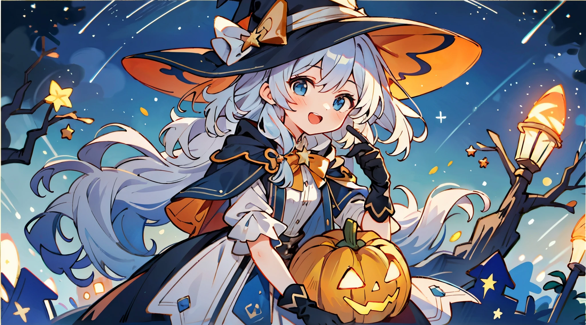 ((masterpiece:1.2, best quality)), 1girl, solo, (witch hat), a close up of a girl with curly hair, dress, aurora, night, star (sky), gloves, sky, dress, night sky, open mouth, starry sky, light blue eyes, ribbons, smile, cape, colorful hair, magic, casting spell, night, (impressionism:1.4), alphonse mucha, Halloween colors, colorful candy, magical lights, pumpkins, candies