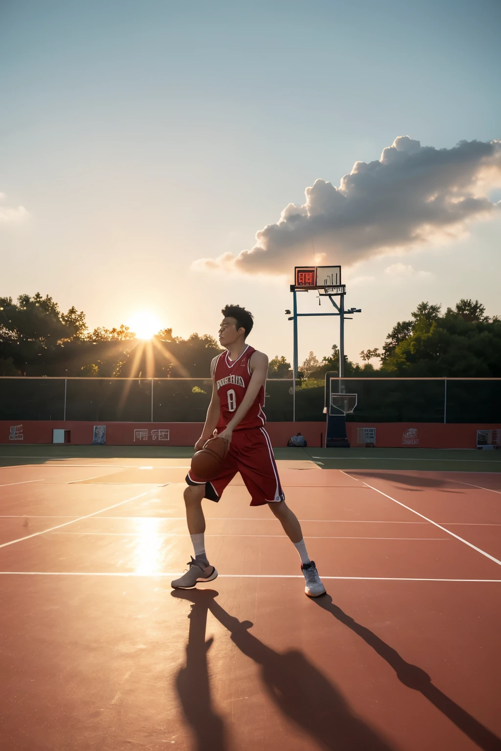 Jiang Chen stood in the center of the basketball court,The ball in his hand seemed to be in sync with his heartbeat,Every bounce is full of power and rhythm。The setting sun shines on his sweaty face,The golden light intertwined with his determined eyes,Outline a silhouette of youth。He is the king of this place,Every movement is smooth and confident。