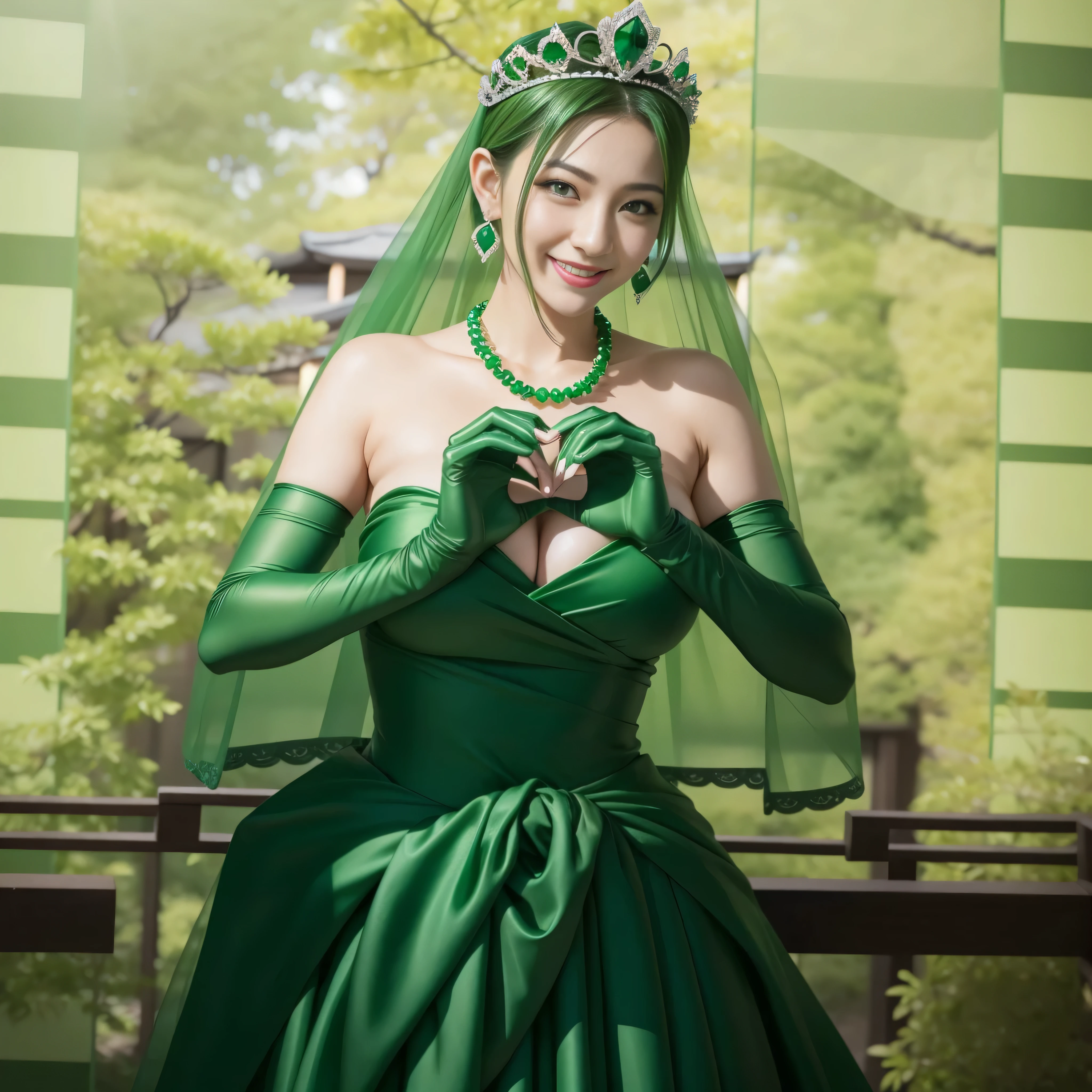 emerald tiara, green pearl necklace, ボーイッシュな非常に短いgreen hair, lipstick, smiling Japanese woman, very short hair,  Beauty with large breasts, green eyes, Long Green Satin Gloves, green eyes, emerald earrings, green veil, heart with both hands, green hair, Beautiful Japan woman in her 30s, heart shaped hand:1.3