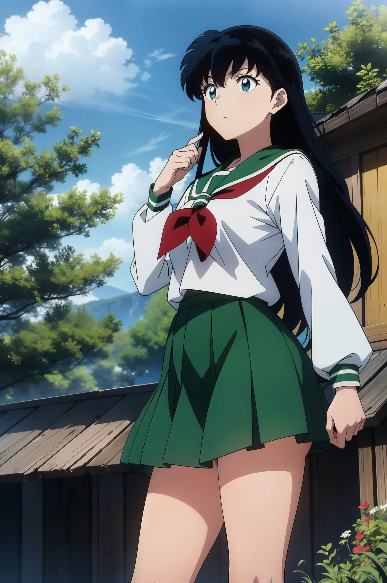 (Masterpiece: 1.6, Best Quality), (Fine Beautiful Eyes: 1.2), (best quality, masterpiece, highres), kagome higurashi, 1girl, solo, green school uniform, soft thighs , long sleeves, white socks, scenery , Best Quality, ((anime)) ((Colored)) HD, ,Standing, Green skirt, Red scarf, long  hair, Black hair between the eyes, Thighs are soft, school background