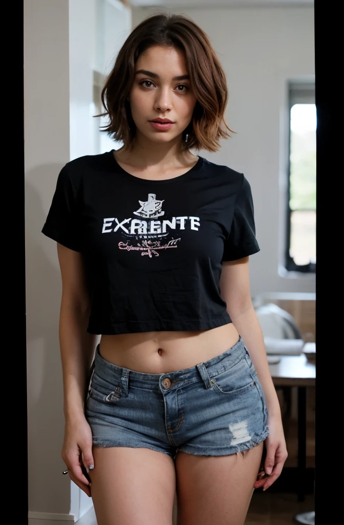 Olhos penetrantes, olhando bonito, uma linda mulher negra na casa dos 20 anos, Short salon hair, vestindo uma blusa rosa, com shorts jeans,em lugares bonitos, [(Selena Gomez:0.5)|(Kristen Sino:1.0)],( The curves of your body are exuberant,) [The curves of your body are exuberant, your body is irresistible, picante, the men are excited] folha de caracteres, Varied positions.
