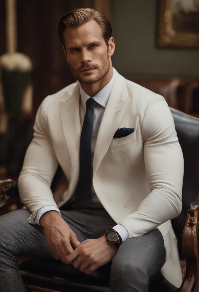 A 36 year old man, bearded, very Handsome, blonde, blue eyes, muscled, five fingers, white sock, Ultra-thin tights（Detailed eyes：1.3), full body Esbian，Character sitting on a chair with arms raised, Nice Pose, Handsome man, Pretty Face, royal elegant pose, businessman, (In a striped blazer), (The surrounding environment is a luxurious and classic living room) (Sandtone imagery) Alexander Skarsgård face lookalike, Henry Cavill face lookalike, ultra realistic, royalty prince looking, old money aesthetic, Swedish looking, Joel Kinnaman lookalike, classy suit, Rolex, classic car in the background, royalty looking, wearing Ralph Lauren suit