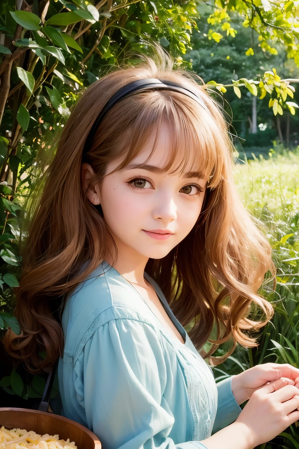 detailed big eyes、long eyelashes、perfect features、(masutepiece)、(highest quality:1.4)、absurderes、[:Intricate details:0.2]、A big smile、wonderfully cute smile、Loveliness that makes everyone fall in love with her、A smile that is enjoying itself to the fullest、curry is on white rice、A girl eating curry rice with a silver spoon and a delicious smile、An innocent, neat and adorable girl,、 emma watson, meg ryan,A girl who looks like a model in a Renoir painting、long chestnut hair、Surprisingly big big green glowing eyes、long eyelashes、Young and delicate body type、close up of face、
