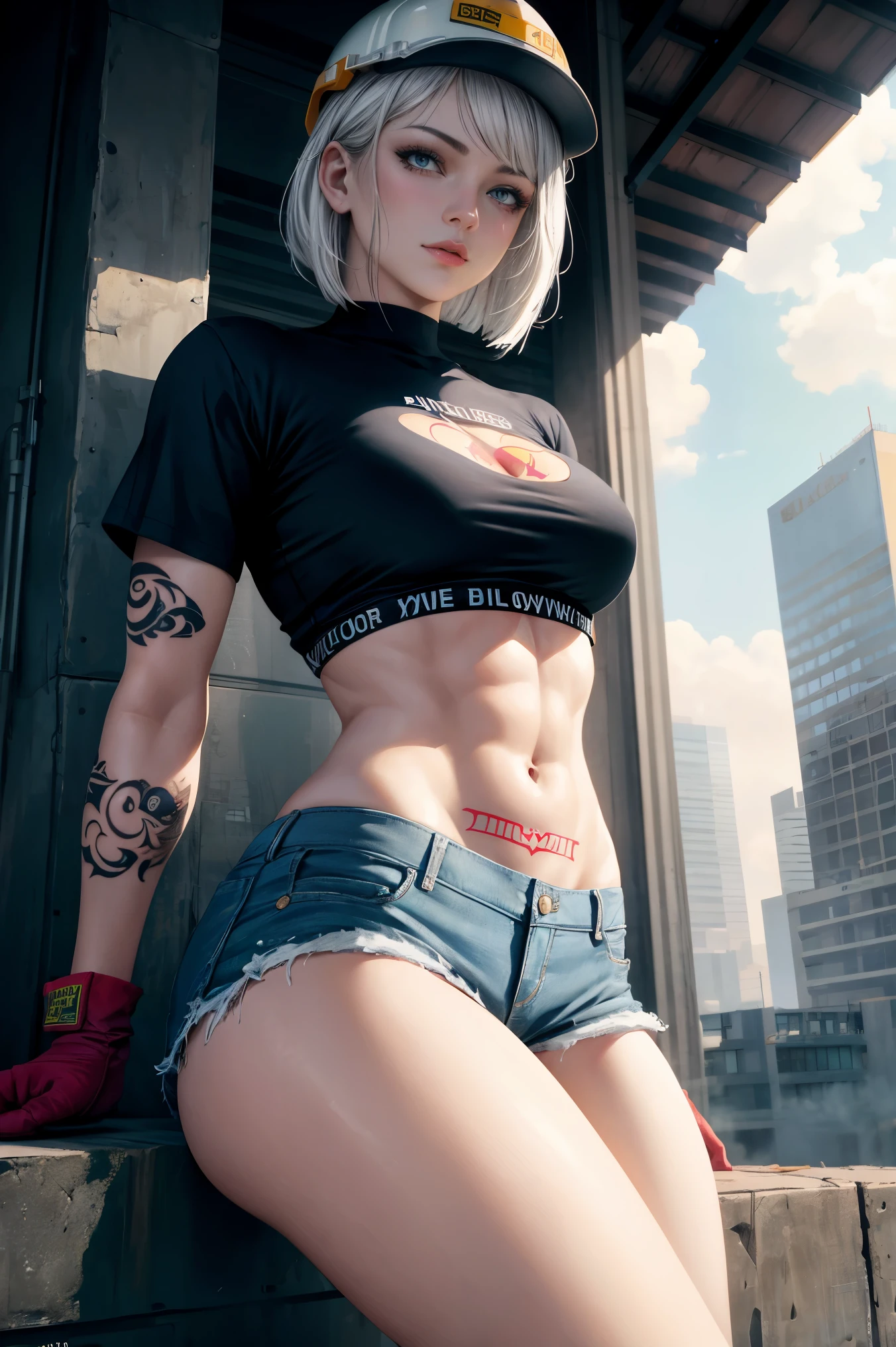 masterpiece, best quality, ultra-detailed, high contrast, realistic,(1woman),beautiful detailed eyes, looking at viewer, tattoo, muscular thighs, small breasts. (chest tattoo, thigh tattoo, sternum tattoo, 1.2), White hair, bob cut hair. Construction worker, hard hat, ripped clothes, dirty clothes, t shirt, denim shorts, construction boot, heavy duty gloves, high rise construction, dusty, 