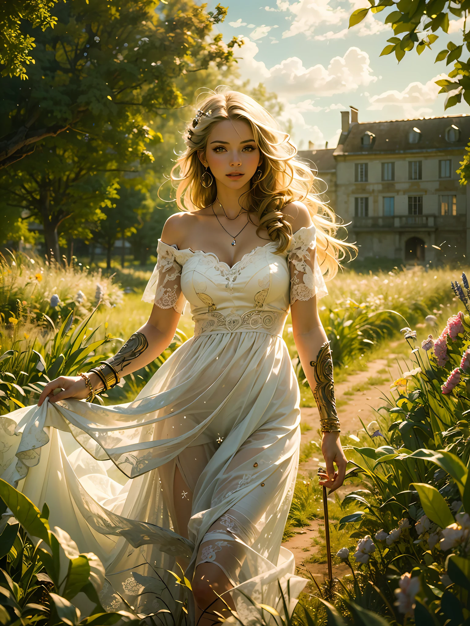 a beautiful young woman, paris hilton, in a stylish sheer summer dress, standing in a field of bright flowers, warm and pure expression, professional fashion photoshoot, high fashion, editorial, glamorous, cinematic lighting, vivid colors, (best quality,8k,highres,masterpiece:1.2),ultra-detailed,(realistic,photorealistic,photo-realistic:1.37),professional photography,editorial fashion
