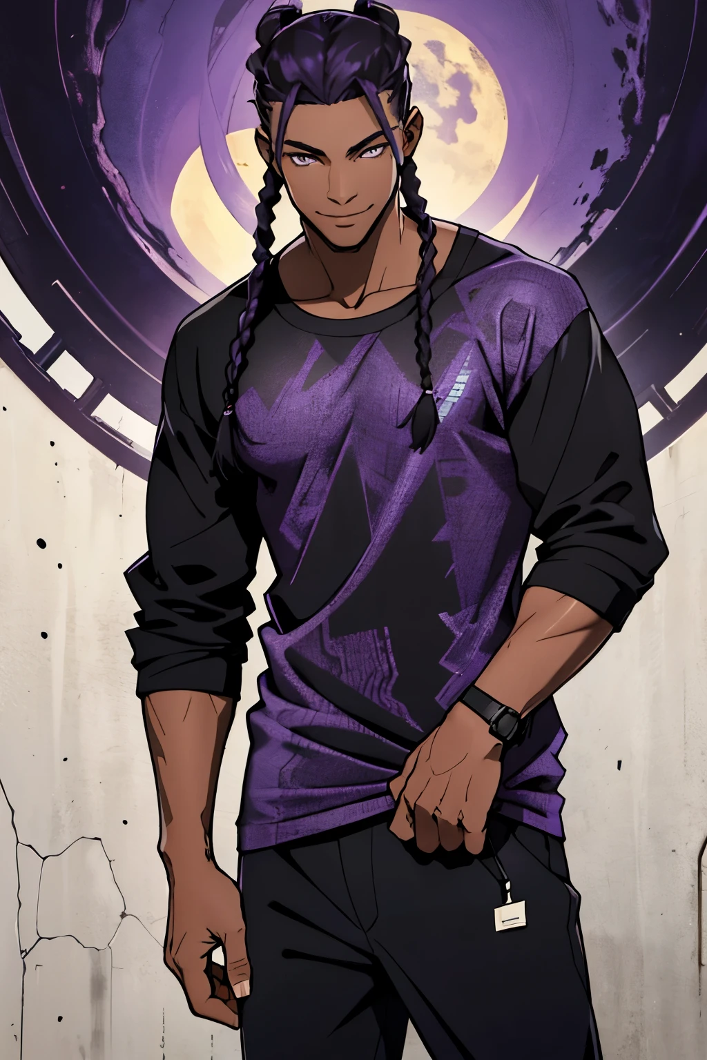 black young man, black and purple hair with two braids, olhos purpura, camiseta branca, black pants, sorriso arrogante, hunter's eyes, face calma, 