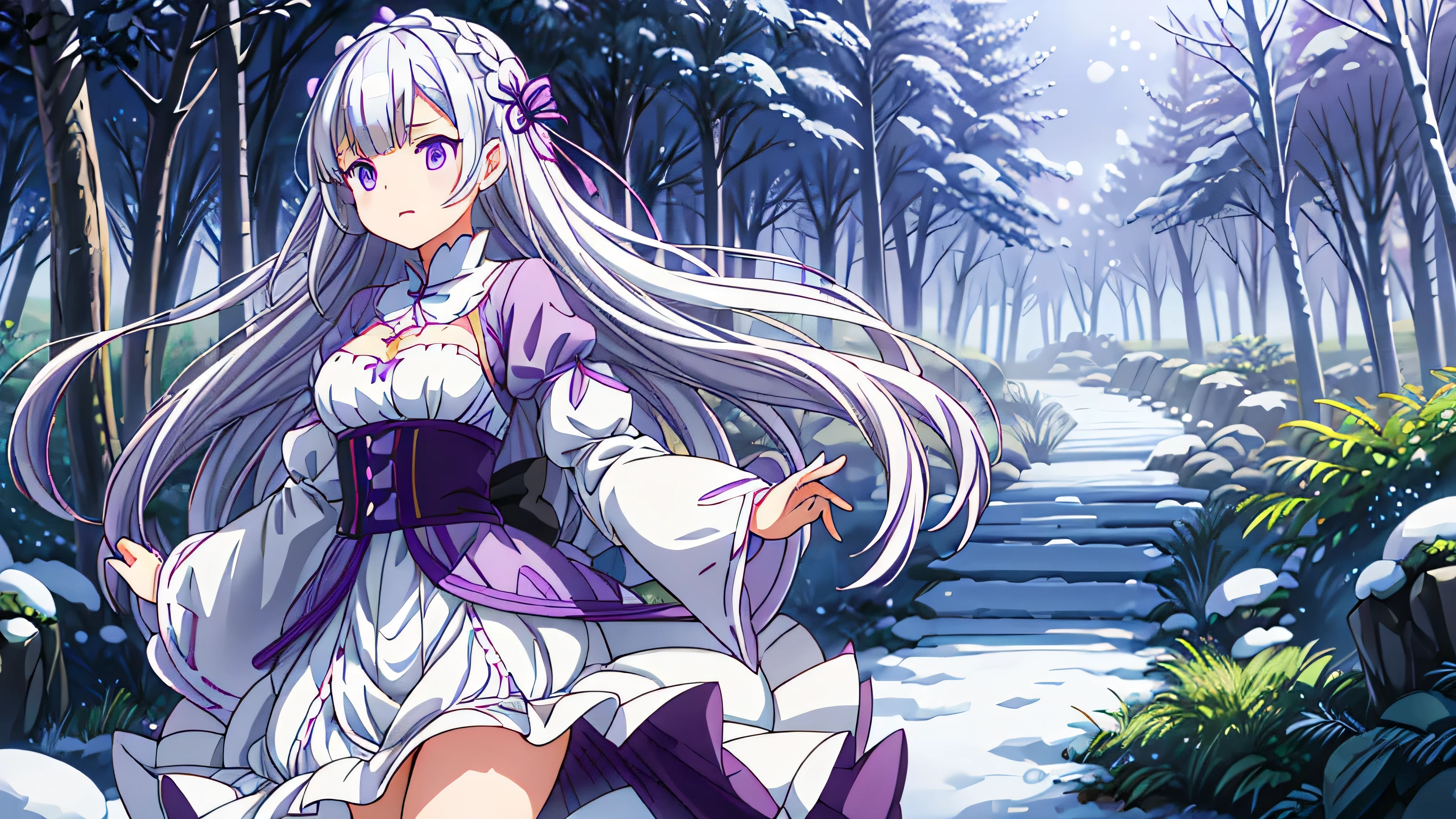 Emilia Re:Zero from the anime Kara Hajimeru Isekai Seikatsu,White hair, Purple eyes, white clothes with purple lines, uses magic, magic fire in hands, winter, winter forest background.