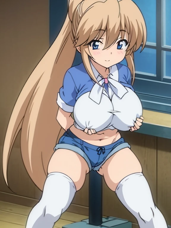,cute legs ,shy,cute pose, ponytail,blue eyes,tiny shorts ,thigh high socks,short blouse ,exposed abdomen, ((huge breast)).