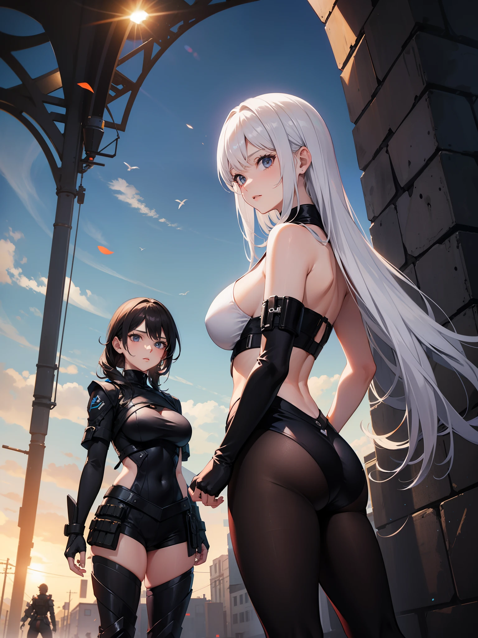 Two women wearing black technological dress in combat pose , uma mulher de longos cabelos negros contra uma mulher palida de cabelos brancos longos, peitos grandes, seios grandes, buceta, bunda grande, two woman vs, seios grandes gigantes, decote