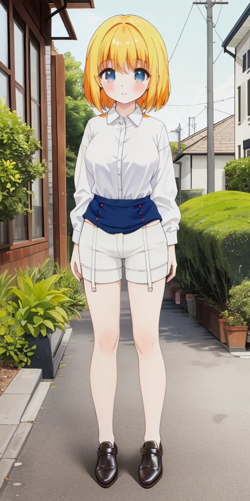 ((masterpiece、top-quality)), 1girl in, ((full body Esbian、Standing picture)), cute young woman, Colored hair, white shirt, shortpants, Black garter belt、(white backgrounid)
