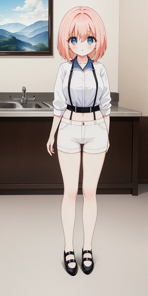 ((masterpiece、top-quality)), 1girl in, ((full body Esbian、Standing picture)), cute young woman, Colored hair, white shirt, shortpants, Black garter belt、(white backgrounid)