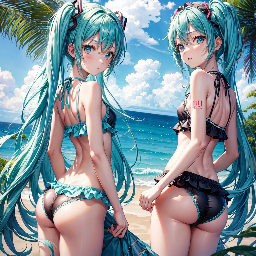 miku hatsune、highest quality、one girl、cute swimwear、Are standing、(cute underwear)、、pointing your butt towards me、Looking at the back of the screen、small butt
