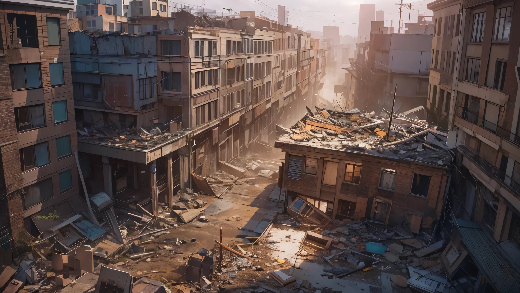 aerial view of the remains of a building turned to rubble by an explosion. This RAW masterpiece showcases an ultra-high resolution, photorealistic full-body portrait, illuminated by the warm glow of sunlight. The scene is rendered in the captivating style of mecha sci-fi anime, boasting an impressive 8K resolution for the best quality imagery. Crafted with Unreal Engine 1.4, this piece features ultra-realistic 64K CG, skin texture at 1.4, and volumetric fog to add depth and atmosphere. The details are further enhanced with 8K UHD, DSLR quality, film grain, and the artistic touch of lomography. The result is a stunning blend of high-quality visuals, translucent effects, and photorealism that truly captivates the viewer.