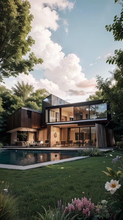 (a modern house with a beautiful and spacious garden)[architecture, contemporary design, luxurious interior], [large glass windows, open floor plan], [minimalist furniture, elegant and sleek], [lush green grass, colorful flowers], [sparkling swimming pool, outdoor seating area], (best quality, highres:1.2), (realistic, photorealistic:1.37), [neutral color palette, natural lighting], [clean and organized, minimalist style]