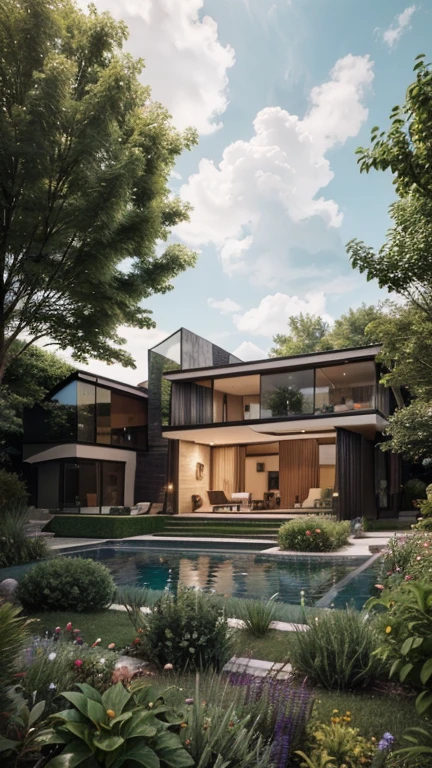 (a modern house with a beautiful and spacious garden)[architecture, contemporary design, luxurious interior], [large glass windows, open floor plan], [minimalist furniture, elegant and sleek], [lush green grass, colorful flowers], [sparkling swimming pool, outdoor seating area], (best quality, highres:1.2), (realistic, photorealistic:1.37), [neutral color palette, natural lighting], [clean and organized, minimalist style]