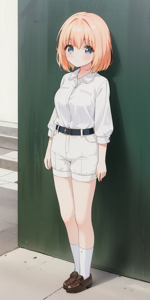 ((masterpiece、top-quality)), 1girl in, ((full body Esbian、Standing picture)), cute young woman, Colored hair, white shirt, shortpants, Black garter belt、(white backgrounid)