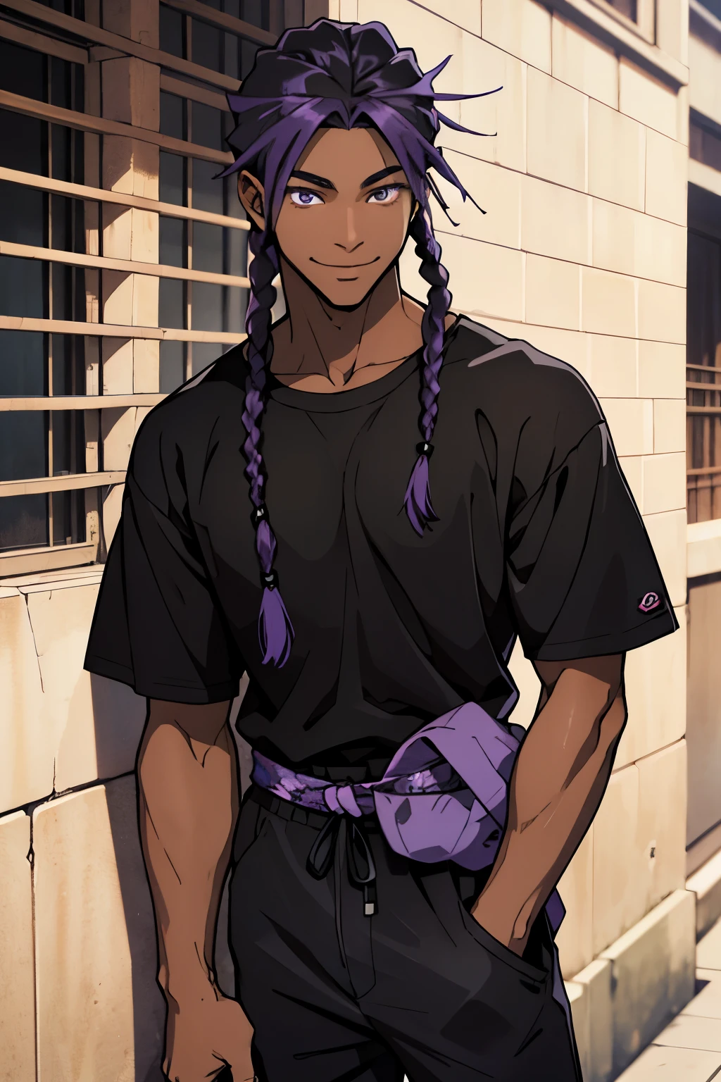 black young man, black and purple hair with two braids, olhos purpura, camiseta branca, black pants, sorriso arrogante, hunter's eyes, face calma, 