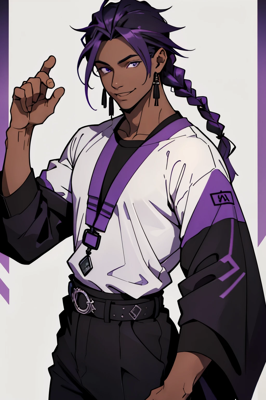 (character design sheet, same character, front, side, back), man, male, dark skin, slim build, cute, ethereal, black curly ponytail hair, glowing purple eyes, huge fluffy fur collar, sexy, wearing leather jacket with white fur on the collar, beautiful