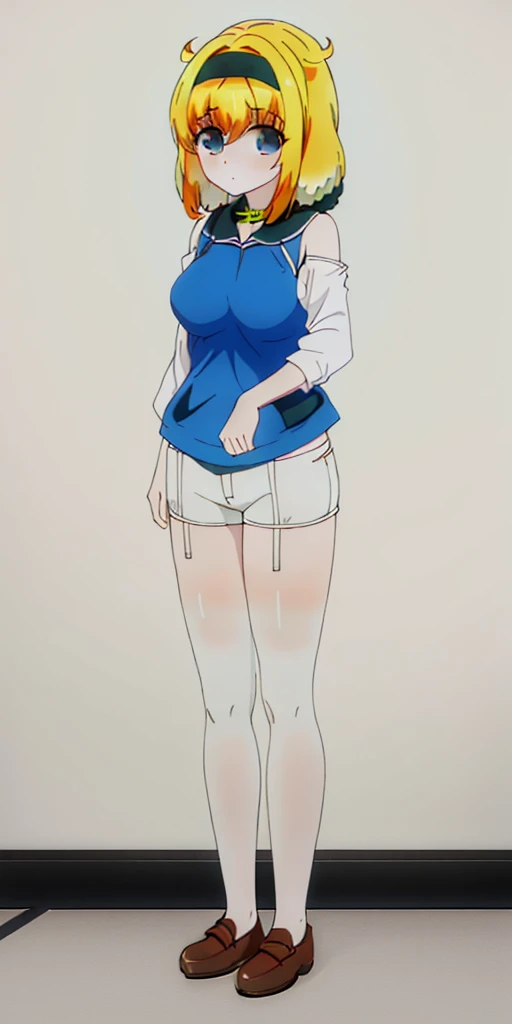 ((masterpiece、top-quality)), 1girl in, ((full body Esbian、Standing picture)), cute young woman, Colored hair, white shirt, shortpants, Black garter belt、(white backgrounid)