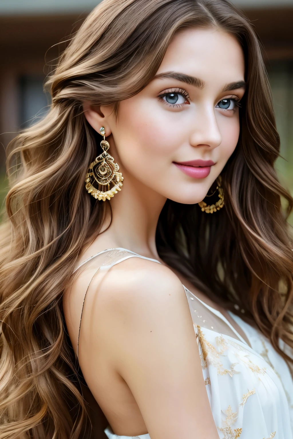 Beautiful Russian girl, solo, looking directly at the viewer, long wavy locks of chestnut brown hair cascading down her back, piercing bright blue eyes, bare shoulders exposing a subtly freckled and smooth complexion, adorned with intricate gold jewelry, full-bodied, wearing a red velvet blouse that hugs her figure, natural rosy cheeks, captivating lips coated with a soft pink lipstick, highly detailed eyebrows, distinctly defined pupils, warm and inviting smile, soft and bouncy curls, filigree details of her earrings reflecting the light, elaborate neckline of her blouse revealing the delicate texture of her neck, vivid