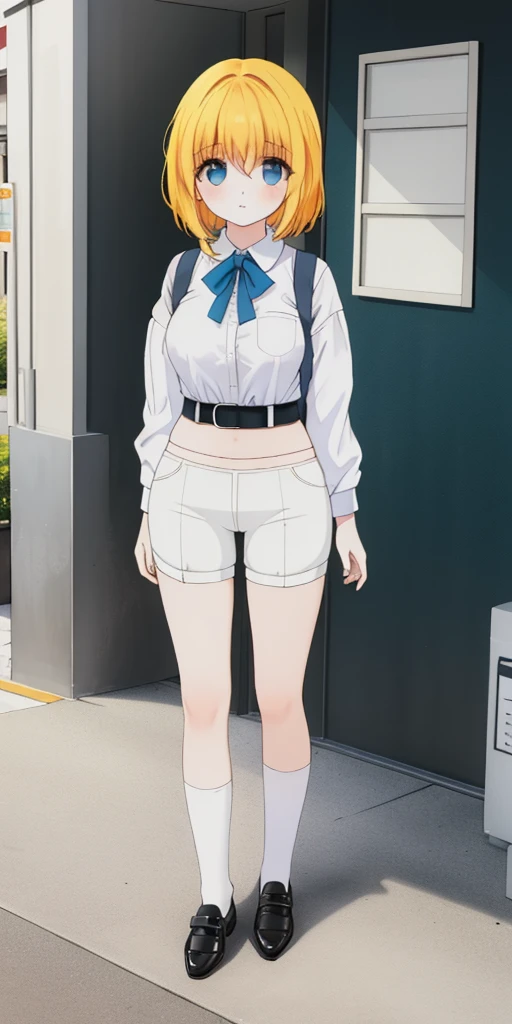 ((masterpiece、top-quality)), 1girl in, ((full body Esbian、Standing picture)), cute young woman, Colored hair, white shirt, shortpants, Black garter belt、(white backgrounid)