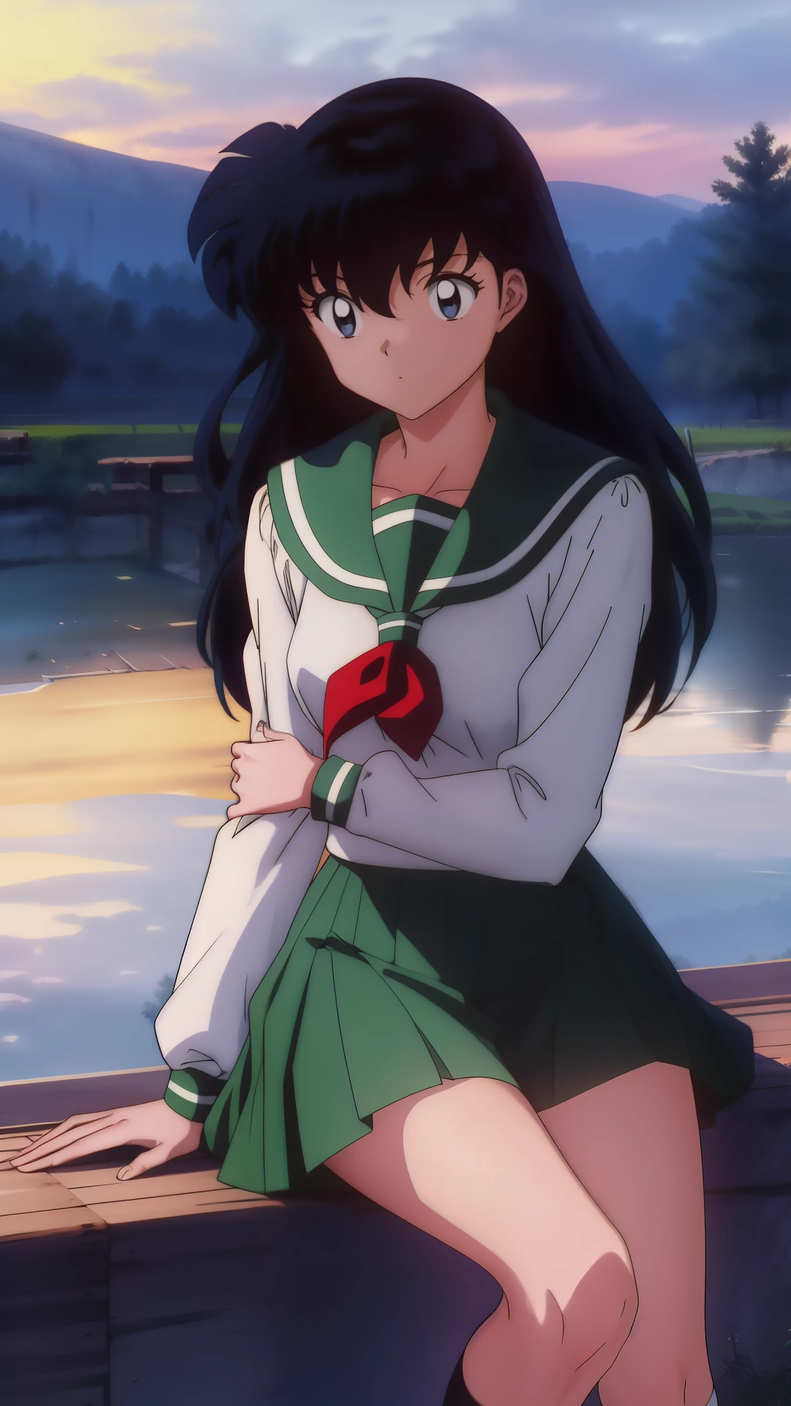 (Masterpiece: 1.6, Best Quality), (Fine Beautiful Eyes: 1.2), (best quality, masterpiece, highres), kagome higurashi, 1girl, solo, green school uniform, soft thighs , long sleeves, white socks, scenery , Best Quality, ((anime)) ((Colored)) HD, ,Sitting , Green skirt, Red scarf, long  hair, Black hair between the eyes, Thighs are soft, school background