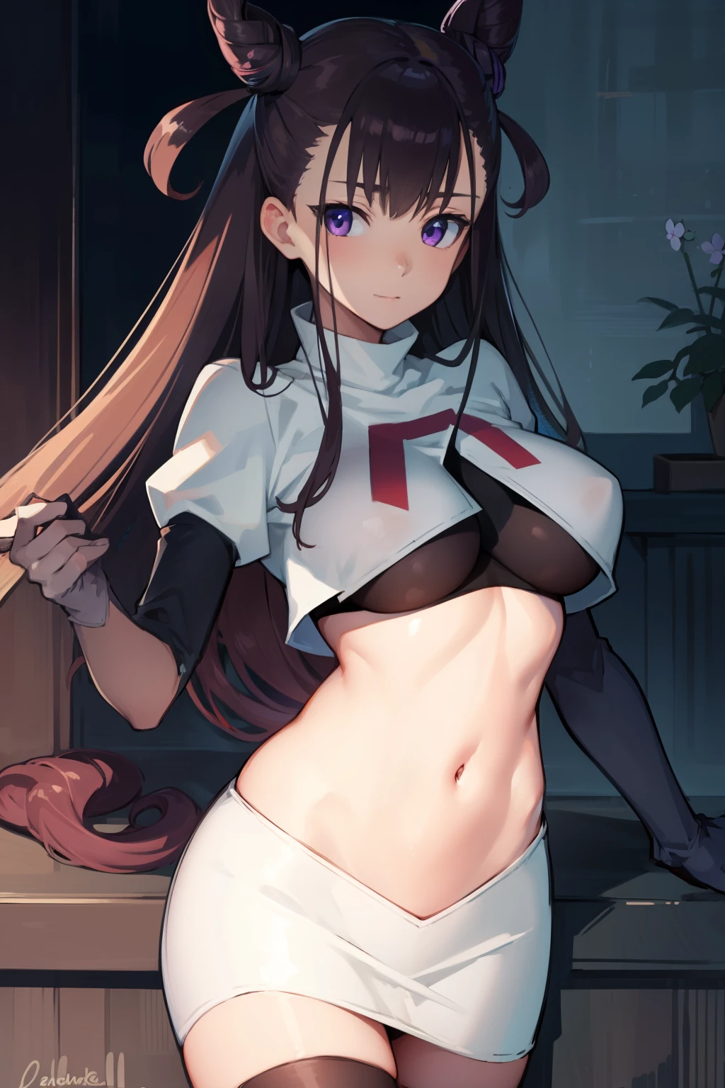 murasakishikibu, murasaki shikibu, brown hair, (purple eyes:1.1), long hair, (large breast:1.2),
BREAK cone hair bun, double bun, hair bun, hair ornament, long hair, two side up,team rocket,team rocket uniform, red letter R, white skirt,white crop top,black thigh-highs,black elbow gloves,
BREAK looking at viewer,
BREAK (masterpiece:1.2), best quality, high resolution, unity 8k wallpaper, (illustration:0.8), (beautiful detailed eyes:1.6), extremely detailed face, perfect lighting, extremely detailed CG, (perfect hands, perfect anatomy),