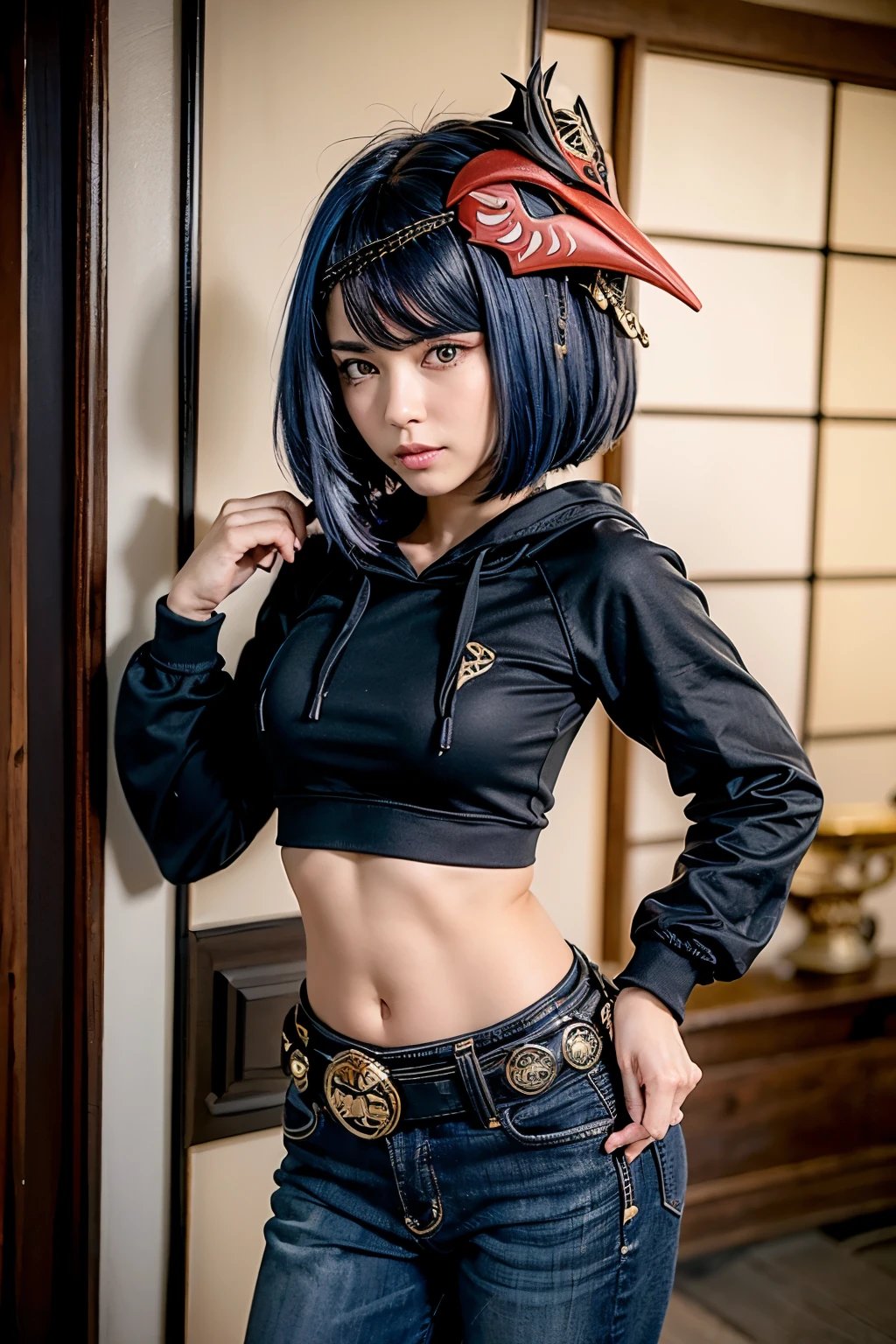 1girl, ((Black long sleeved hoodie, gold trim)), (long dark blue jeans, iron belt), ((bare midriff, navel)), high quality, japanese garden, standing, hand in pocket, excited, seductive smile, looking at viewer, mask on head, blue hair, short hair, yellow eyes