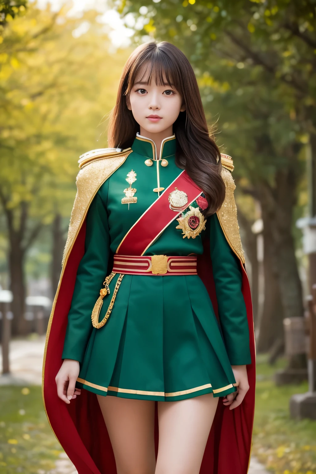 masterpiece,highest quality,ultra high resolution),japanese woman, Very beautiful girl, naive girl、perfect limbs、perfect anatomy、Shining beautiful skin、Moist eyes、Brown glittery hair、Colors and landscapes of youth、premonition of love,,A woman wearing a green and red costume and a cloak,A woman wearing a green uniform and taking a photo, A girl wearing a gold embroidered uniform, Wearing a military uniform,in full military garb, royal elegant pose, full uniform,mini skirt
