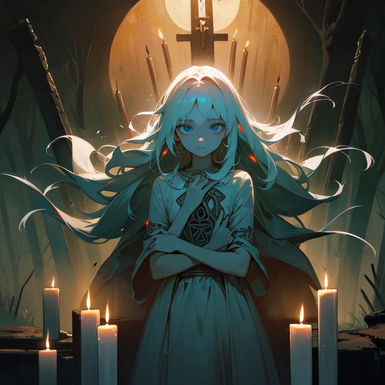 The Virgin sacrifice, oil painting, beautiful detailed girl with long white hair and blue eyes, delicate features, frightened expression, flowing white dress, surrounded by dark forest, moonlight shining through the trees, eerie atmosphere, mystical ritual, ancient runes carved on stone altar, soft glow from ceremonial candles, dramatic lighting, hauntingly beautiful, dark color palette