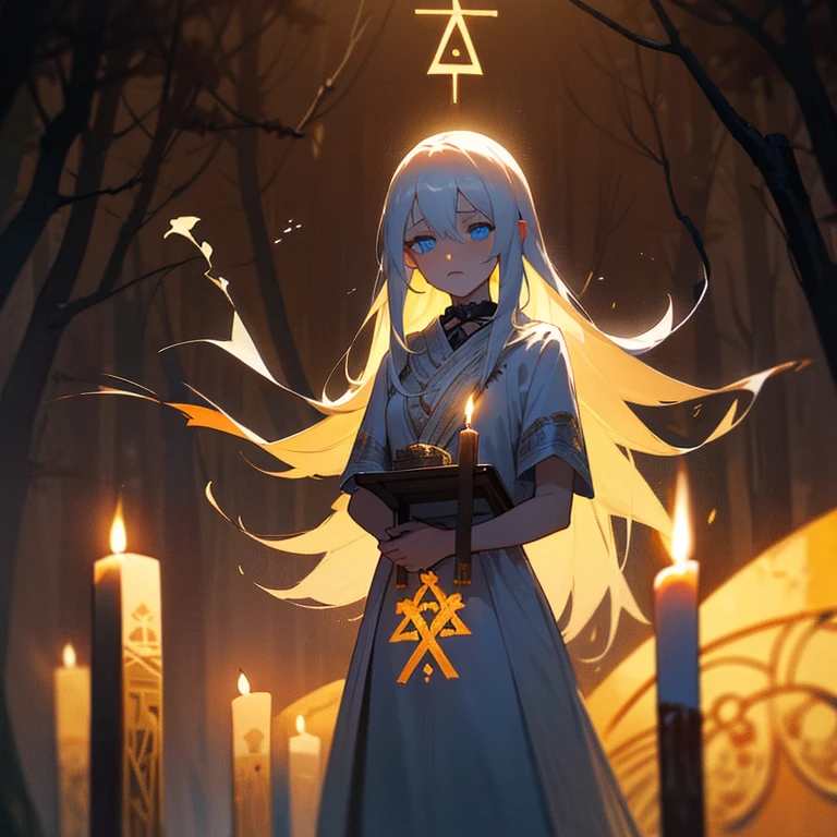 The Virgin sacrifice, oil painting, beautiful detailed girl with long white hair and blue eyes, delicate features, frightened expression, flowing white dress, surrounded by dark forest, moonlight shining through the trees, eerie atmosphere, mystical ritual, ancient runes carved on stone altar, soft glow from ceremonial candles, dramatic lighting, hauntingly beautiful, dark color palette