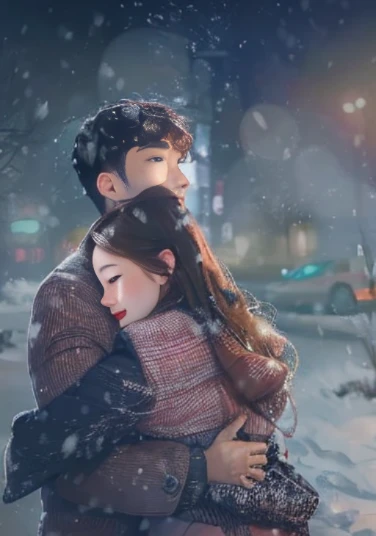 Man and woman hugging in the snow with the city in the background, lovely couple, romantic lead, 8K video stills, โค๐ฅ๐๐ช, inspired by Zhang Han, 4K), 4 thousand ), movie still 8 k, snowfall, Songs inspired by Kim Myung-kook, Doyoung Kim, by Kim Hwan-gi, accurate description1