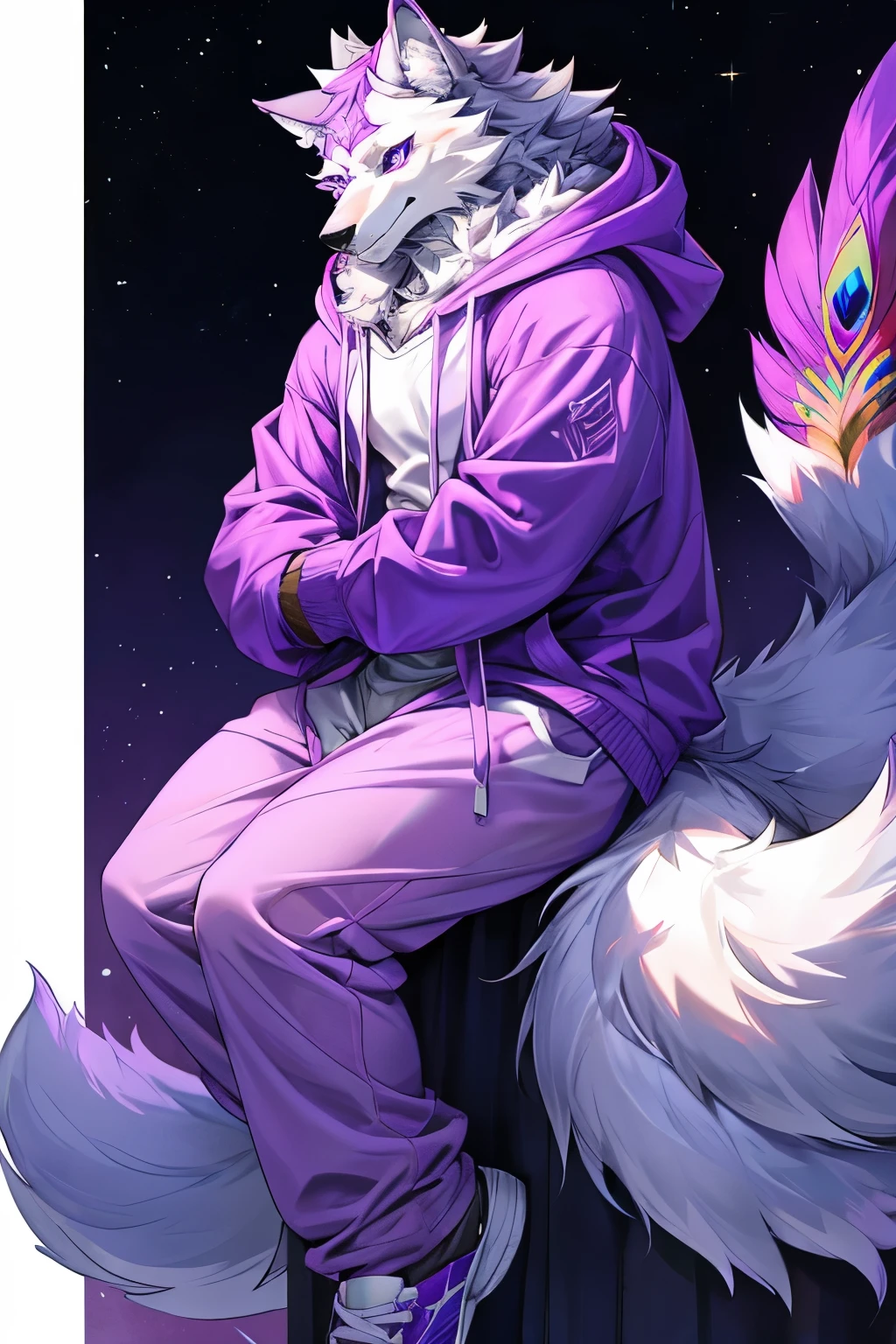 big purpleish white fluffy slim wearwolf with white furr grey furr wearing a purple hoodie purple sweatpants and with  a peacock tail
