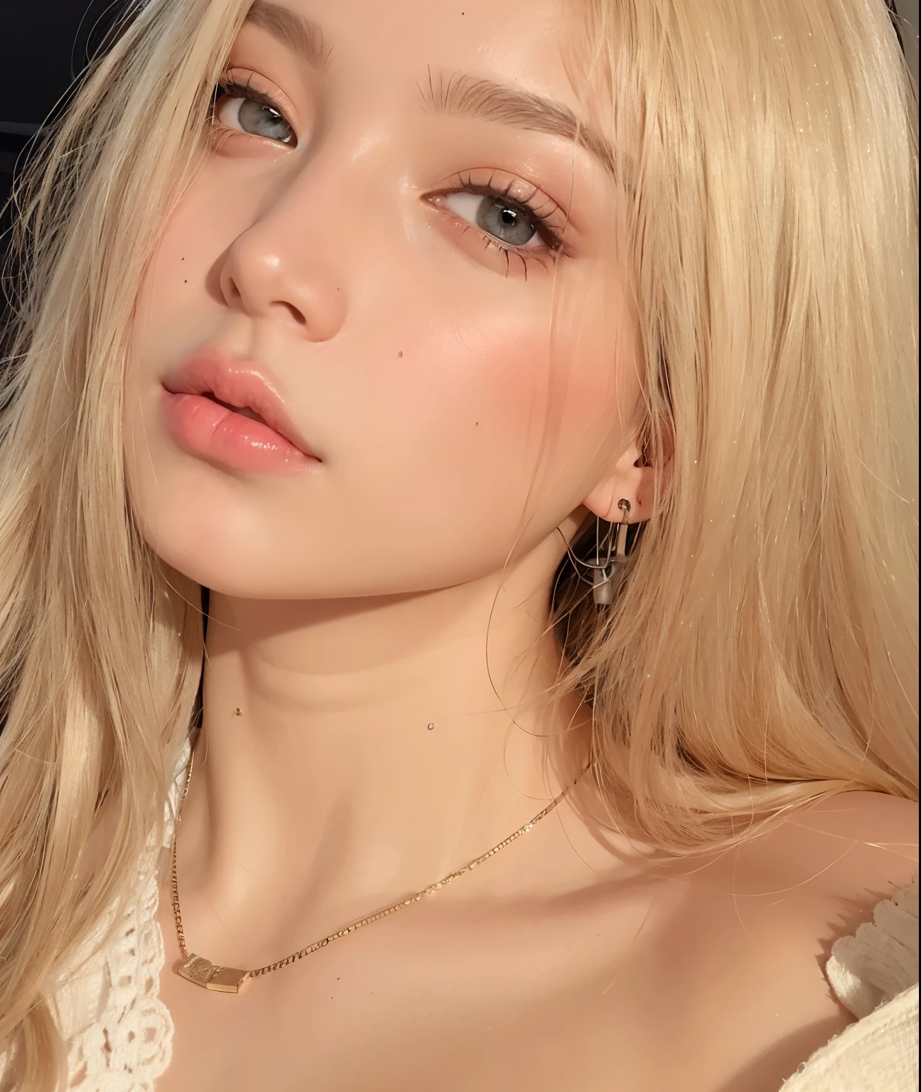 1 girl , standing alone, hair blonde, tatoo, long hair, ha, jewerly, ssmile, necklase, looking at the audience, realisitic, trunk, clavicle, cherry tatoo, eyes browns, lips, rewarded photography, bokeh, Depth of field, HDR, blossom